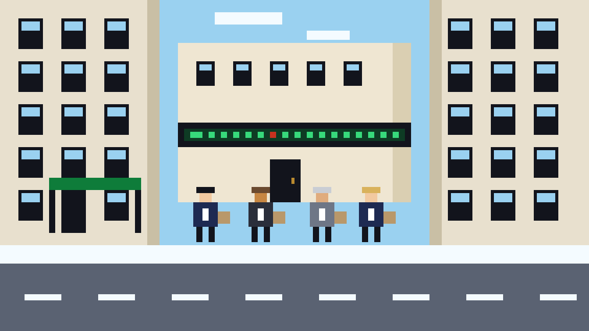 Pixel-art scene: the commute at 6:40 in the morning, the first ones in.