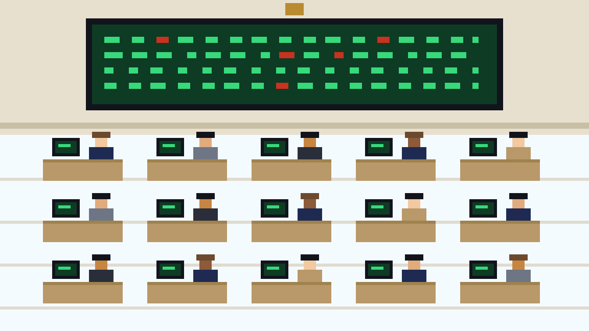 Pixel-art scene: the trading floor, every screen green by lunch.