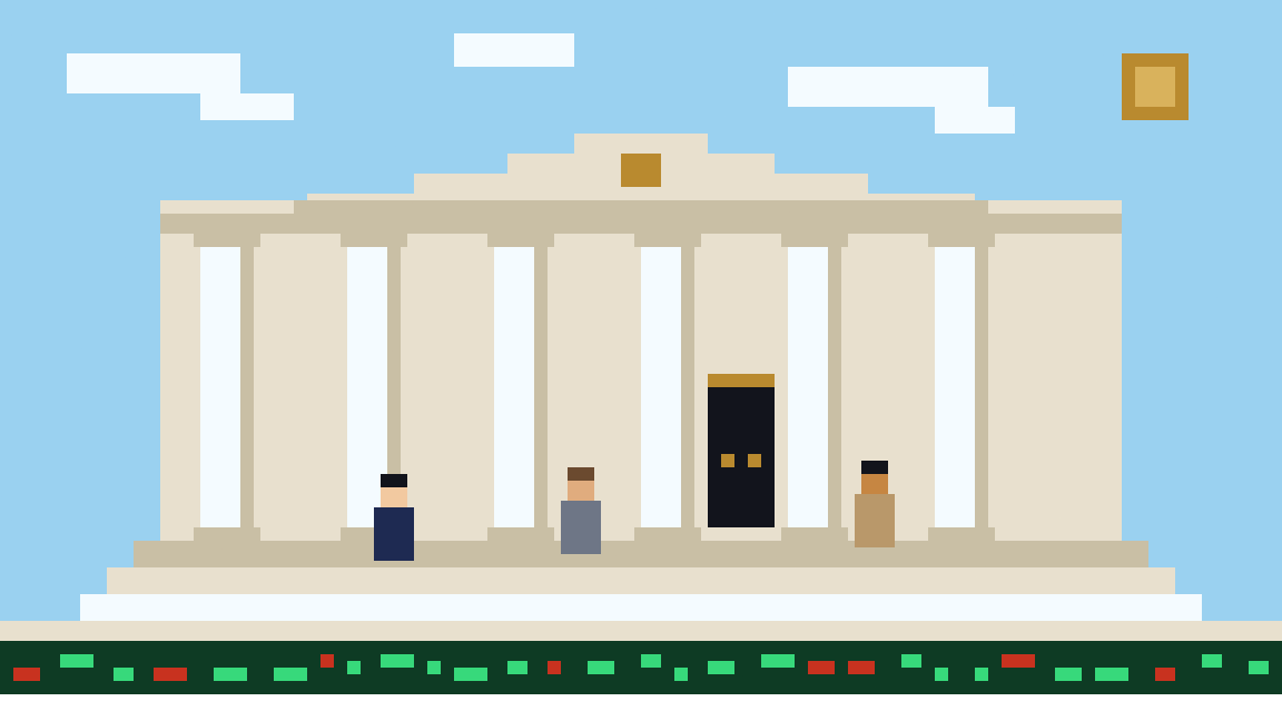 Pixel-art scene: the street at 9:30 in the morning, the open.