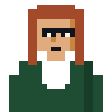 Vera The Syndicate, a pixel-art bust with auburn hair, glasses and a forest-green suit.