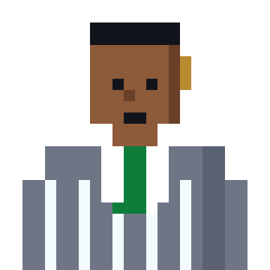 Ledger Lou, a pixel-art bust in a slate pinstripe suit with a brass pen at the ear.