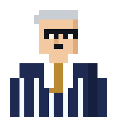 Two-Screens Hugh, a pixel-art bust with silver slicked hair, pinstripes and glasses.